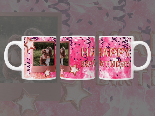 Personalised photo Happy Birthday pink balloon mug